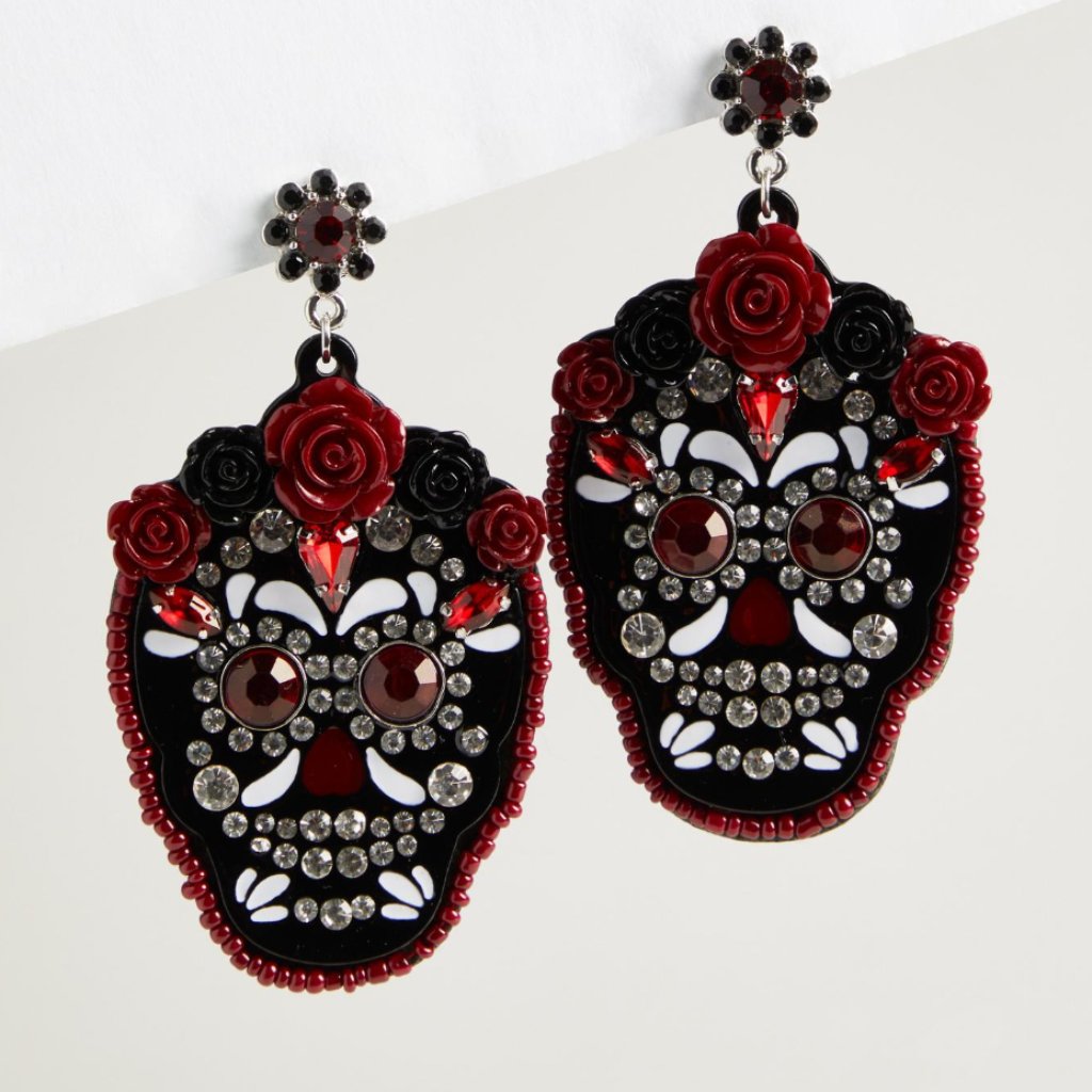 Torrid Sugar Skull Earrings Black Red Rhinestones Roses Floral New